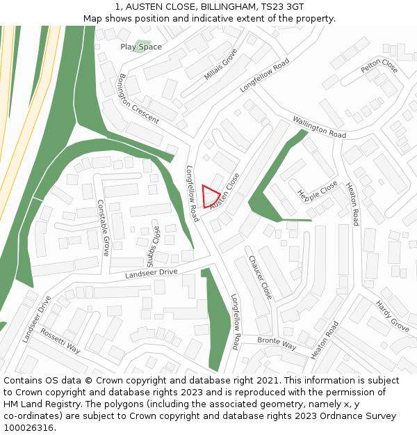 1, AUSTEN CLOSE, BILLINGHAM, TS23 3GT: Location map and indicative extent of plot