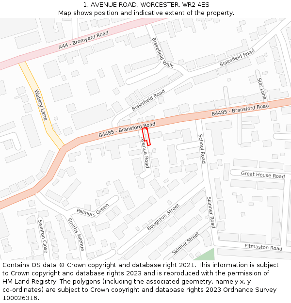 1, AVENUE ROAD, WORCESTER, WR2 4ES: Location map and indicative extent of plot
