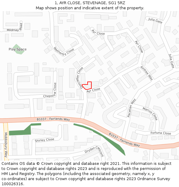 1, AYR CLOSE, STEVENAGE, SG1 5RZ: Location map and indicative extent of plot