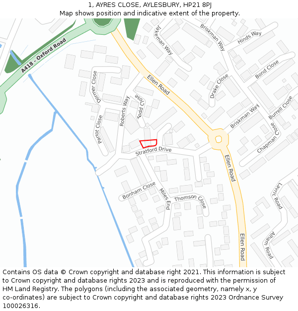 1, AYRES CLOSE, AYLESBURY, HP21 8PJ: Location map and indicative extent of plot