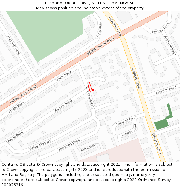 1, BABBACOMBE DRIVE, NOTTINGHAM, NG5 5FZ: Location map and indicative extent of plot