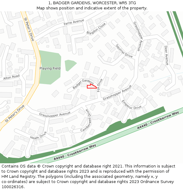 1, BADGER GARDENS, WORCESTER, WR5 3TG: Location map and indicative extent of plot
