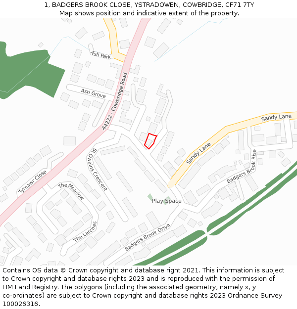 1, BADGERS BROOK CLOSE, YSTRADOWEN, COWBRIDGE, CF71 7TY: Location map and indicative extent of plot