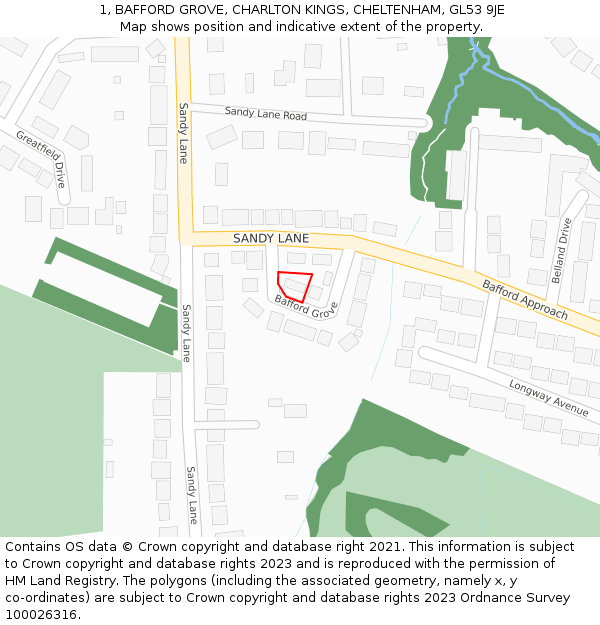 1, BAFFORD GROVE, CHARLTON KINGS, CHELTENHAM, GL53 9JE: Location map and indicative extent of plot