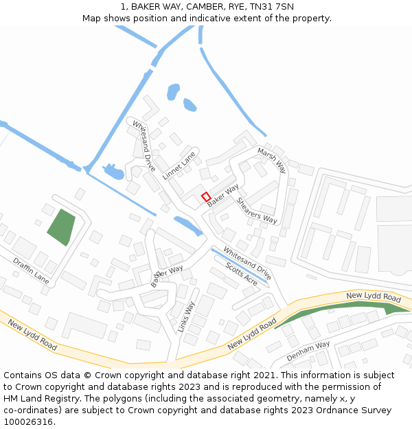 1, BAKER WAY, CAMBER, RYE, TN31 7SN: Location map and indicative extent of plot