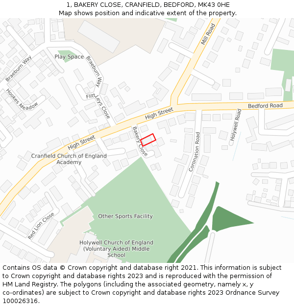1, BAKERY CLOSE, CRANFIELD, BEDFORD, MK43 0HE: Location map and indicative extent of plot