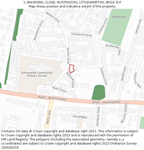 1, BALMORAL CLOSE, RUSTINGTON, LITTLEHAMPTON, BN16 3UT: Location map and indicative extent of plot