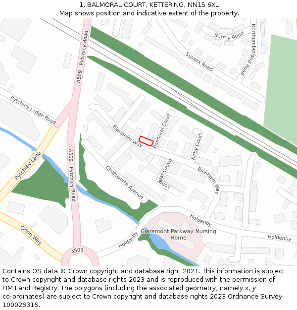 1, BALMORAL COURT, KETTERING, NN15 6XL: Location map and indicative extent of plot