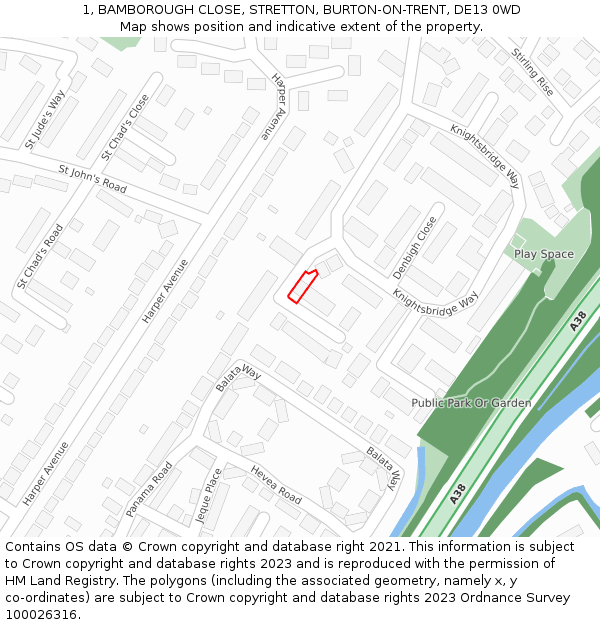 1, BAMBOROUGH CLOSE, STRETTON, BURTON-ON-TRENT, DE13 0WD: Location map and indicative extent of plot