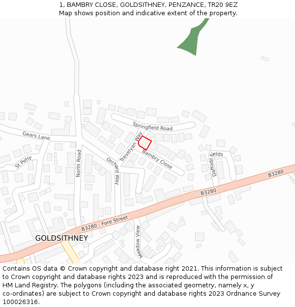 1, BAMBRY CLOSE, GOLDSITHNEY, PENZANCE, TR20 9EZ: Location map and indicative extent of plot