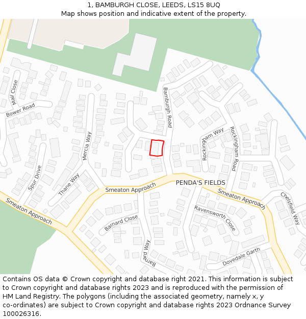 1, BAMBURGH CLOSE, LEEDS, LS15 8UQ: Location map and indicative extent of plot