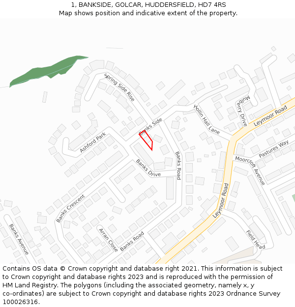 1, BANKSIDE, GOLCAR, HUDDERSFIELD, HD7 4RS: Location map and indicative extent of plot