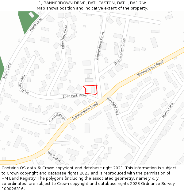 1, BANNERDOWN DRIVE, BATHEASTON, BATH, BA1 7JW: Location map and indicative extent of plot