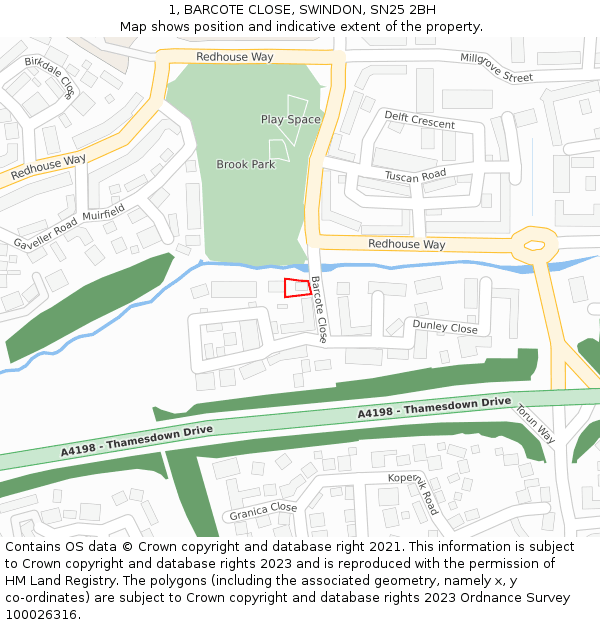 1, BARCOTE CLOSE, SWINDON, SN25 2BH: Location map and indicative extent of plot