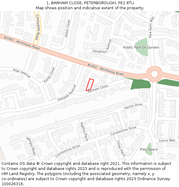 1, BARHAM CLOSE, PETERBOROUGH, PE2 8TU: Location map and indicative extent of plot