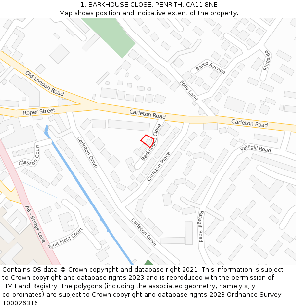 1, BARKHOUSE CLOSE, PENRITH, CA11 8NE: Location map and indicative extent of plot