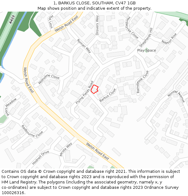 1, BARKUS CLOSE, SOUTHAM, CV47 1GB: Location map and indicative extent of plot