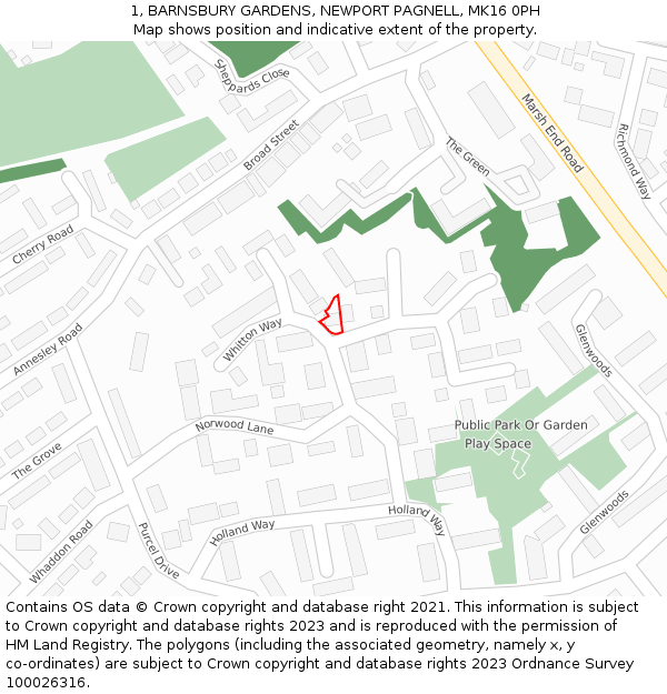 1, BARNSBURY GARDENS, NEWPORT PAGNELL, MK16 0PH: Location map and indicative extent of plot