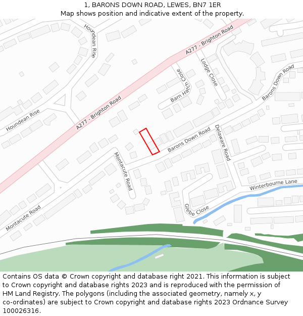 1, BARONS DOWN ROAD, LEWES, BN7 1ER: Location map and indicative extent of plot