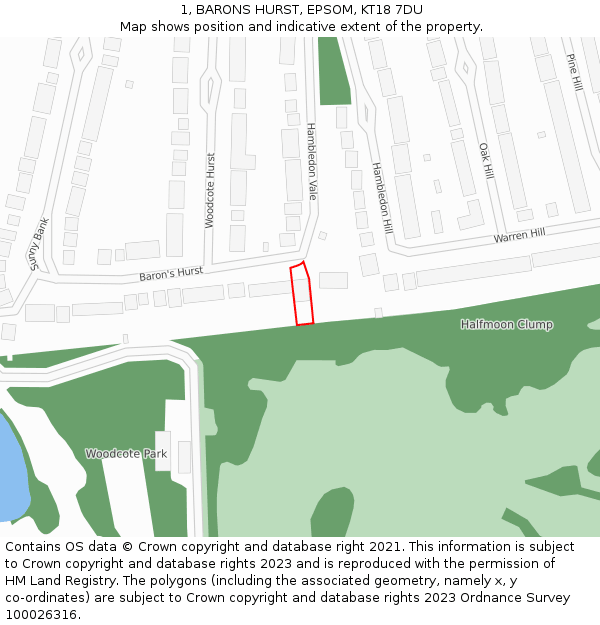 1, BARONS HURST, EPSOM, KT18 7DU: Location map and indicative extent of plot