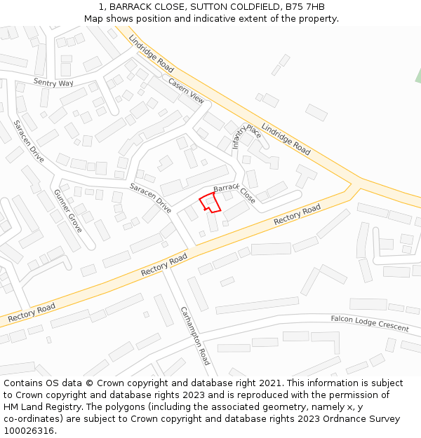 1, BARRACK CLOSE, SUTTON COLDFIELD, B75 7HB: Location map and indicative extent of plot