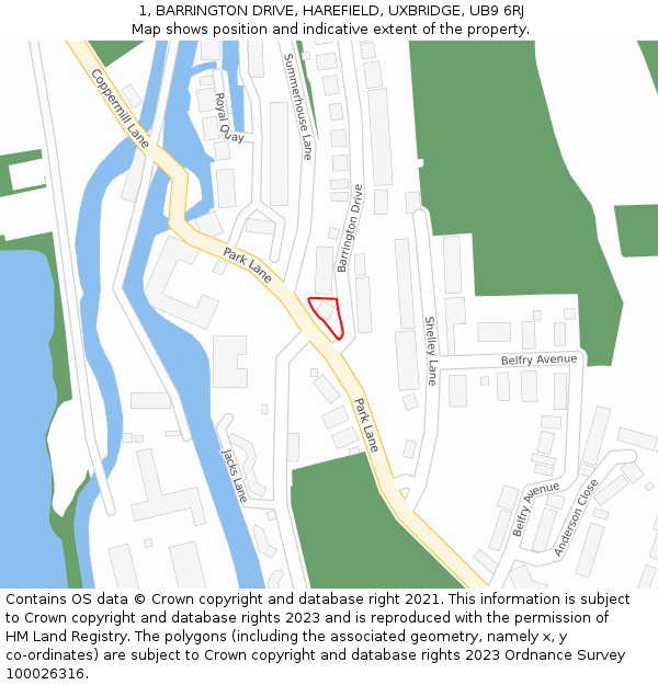 1, BARRINGTON DRIVE, HAREFIELD, UXBRIDGE, UB9 6RJ: Location map and indicative extent of plot