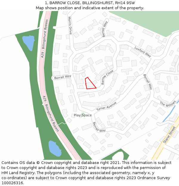 1, BARROW CLOSE, BILLINGSHURST, RH14 9SW: Location map and indicative extent of plot