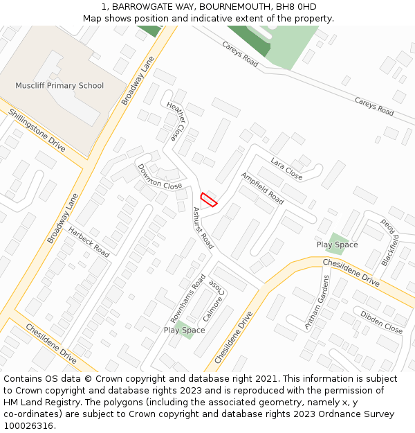 1, BARROWGATE WAY, BOURNEMOUTH, BH8 0HD: Location map and indicative extent of plot