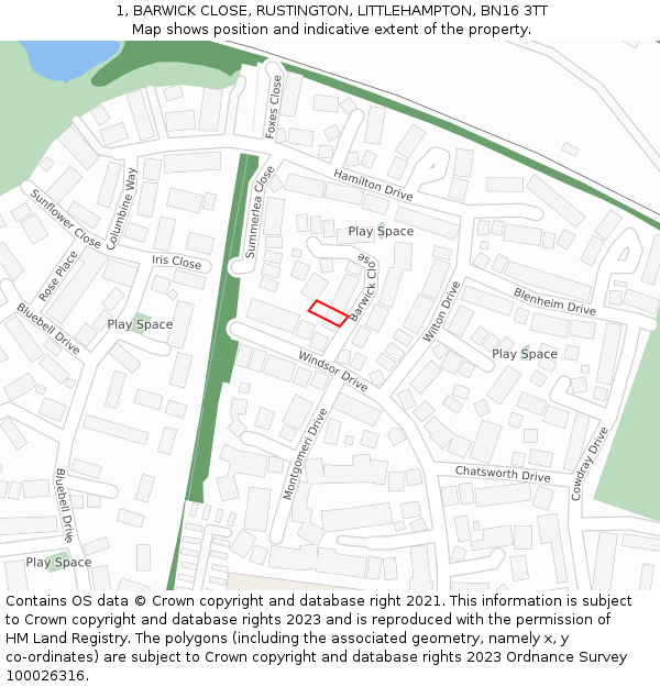 1, BARWICK CLOSE, RUSTINGTON, LITTLEHAMPTON, BN16 3TT: Location map and indicative extent of plot