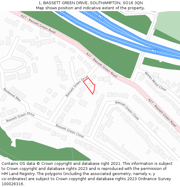 1, BASSETT GREEN DRIVE, SOUTHAMPTON, SO16 3QN: Location map and indicative extent of plot