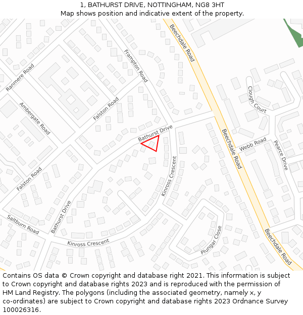 1, BATHURST DRIVE, NOTTINGHAM, NG8 3HT: Location map and indicative extent of plot