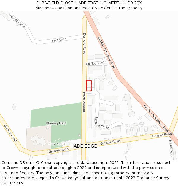 1, BAYFIELD CLOSE, HADE EDGE, HOLMFIRTH, HD9 2QX: Location map and indicative extent of plot