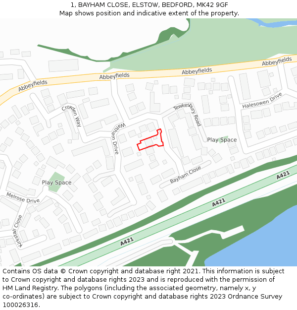 1, BAYHAM CLOSE, ELSTOW, BEDFORD, MK42 9GF: Location map and indicative extent of plot