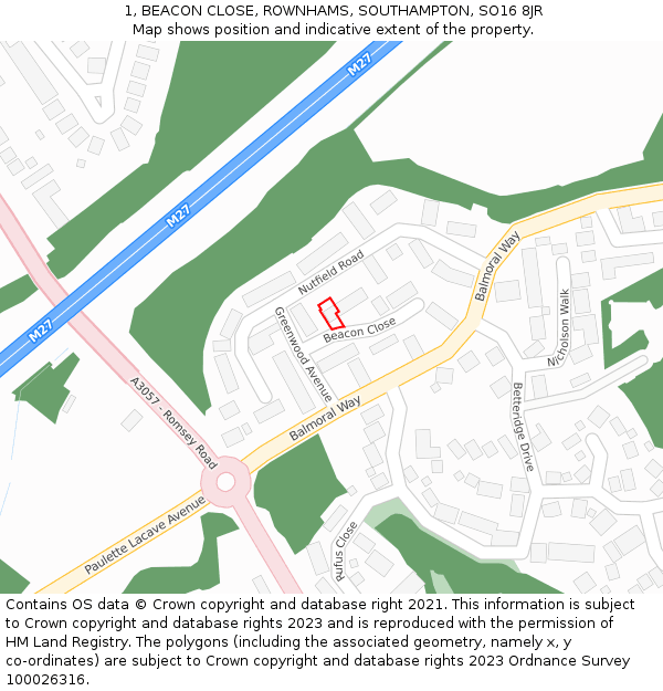 1, BEACON CLOSE, ROWNHAMS, SOUTHAMPTON, SO16 8JR: Location map and indicative extent of plot