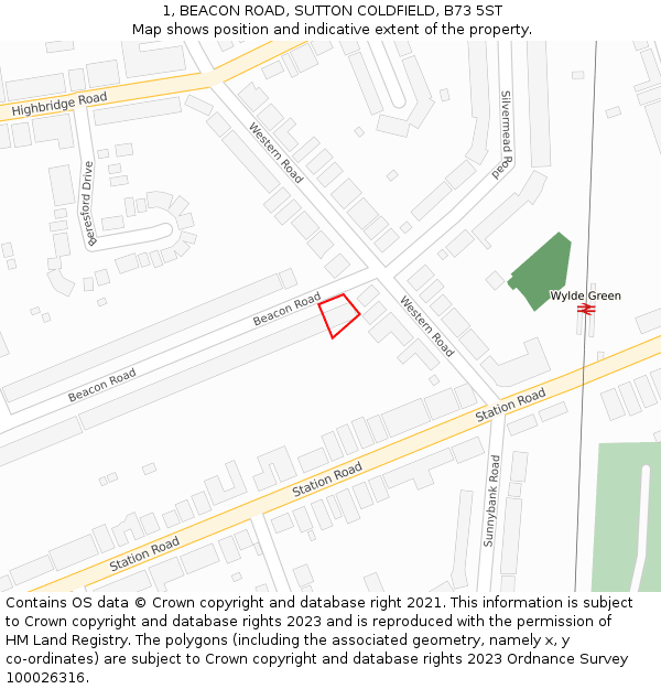 1, BEACON ROAD, SUTTON COLDFIELD, B73 5ST: Location map and indicative extent of plot