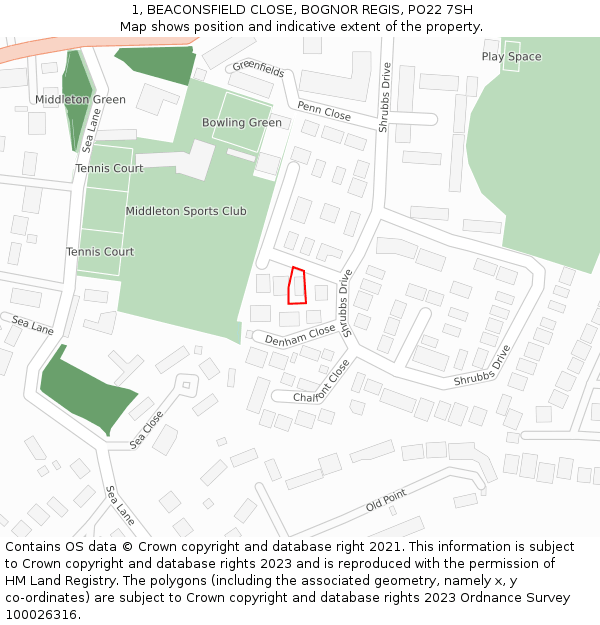 1, BEACONSFIELD CLOSE, BOGNOR REGIS, PO22 7SH: Location map and indicative extent of plot