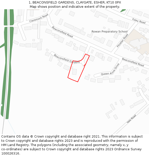 1, BEACONSFIELD GARDENS, CLAYGATE, ESHER, KT10 0PX: Location map and indicative extent of plot