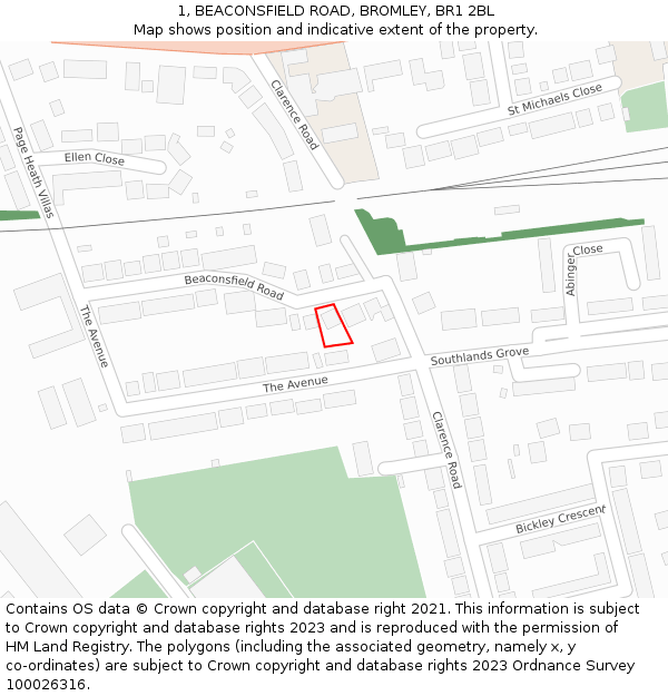 1, BEACONSFIELD ROAD, BROMLEY, BR1 2BL: Location map and indicative extent of plot