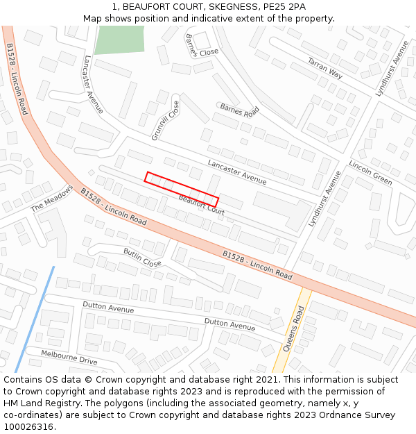 1, BEAUFORT COURT, SKEGNESS, PE25 2PA: Location map and indicative extent of plot