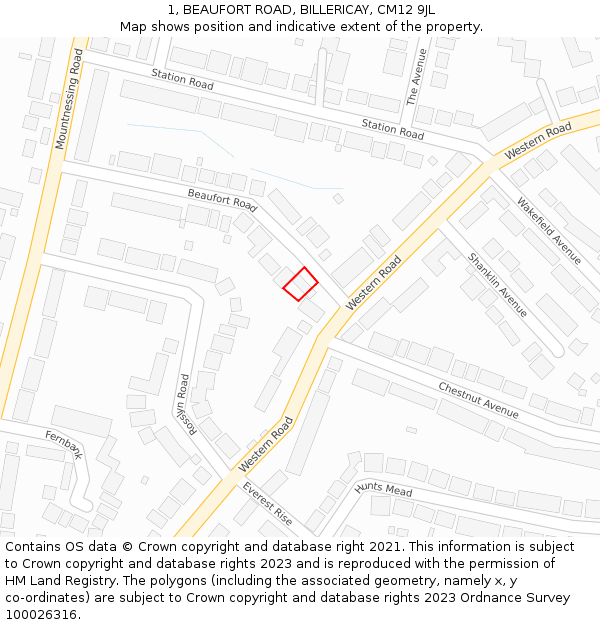 1, BEAUFORT ROAD, BILLERICAY, CM12 9JL: Location map and indicative extent of plot
