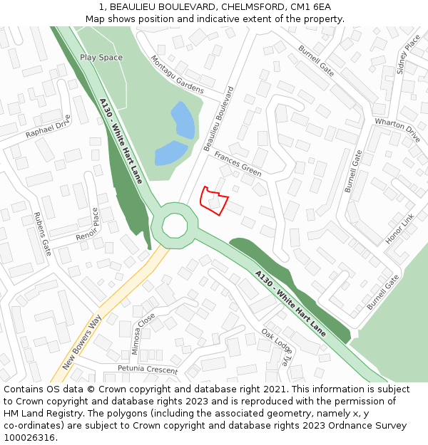 1, BEAULIEU BOULEVARD, CHELMSFORD, CM1 6EA: Location map and indicative extent of plot