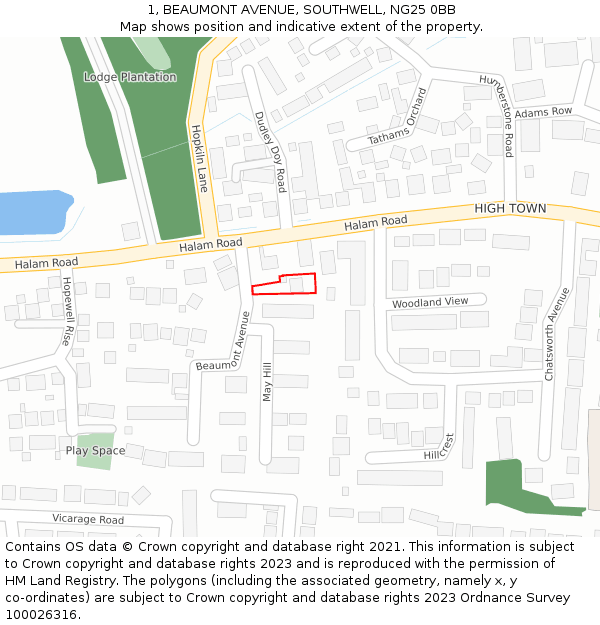 1, BEAUMONT AVENUE, SOUTHWELL, NG25 0BB: Location map and indicative extent of plot