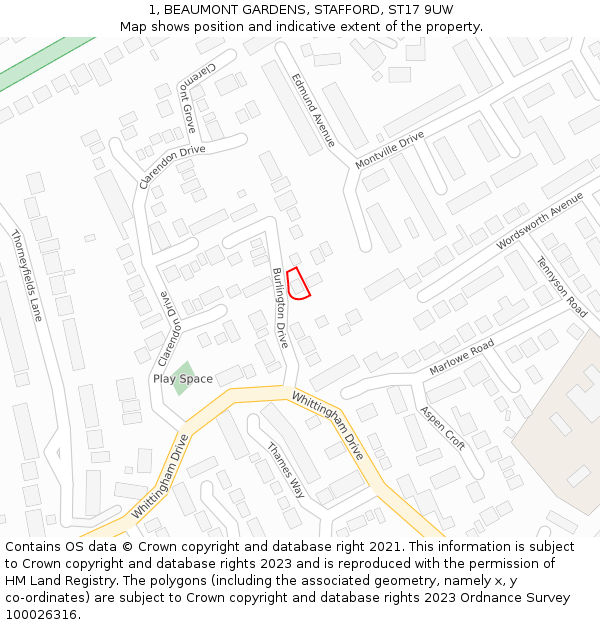 1, BEAUMONT GARDENS, STAFFORD, ST17 9UW: Location map and indicative extent of plot