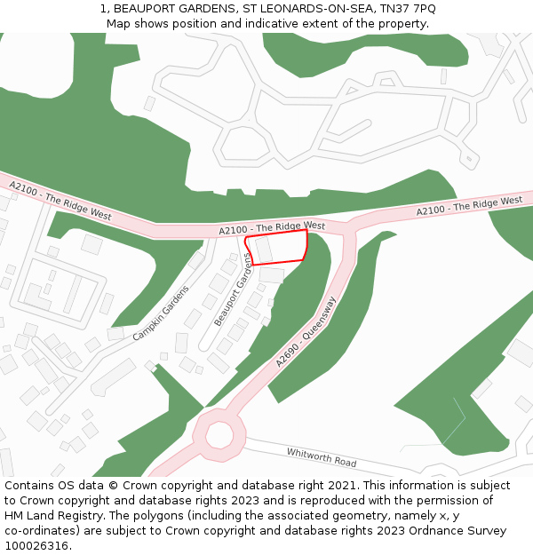 1, BEAUPORT GARDENS, ST LEONARDS-ON-SEA, TN37 7PQ: Location map and indicative extent of plot