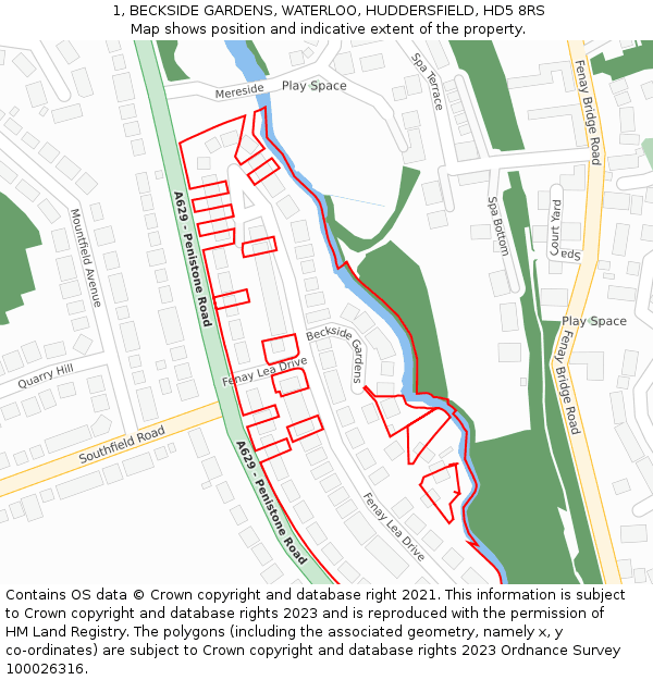 1, BECKSIDE GARDENS, WATERLOO, HUDDERSFIELD, HD5 8RS: Location map and indicative extent of plot