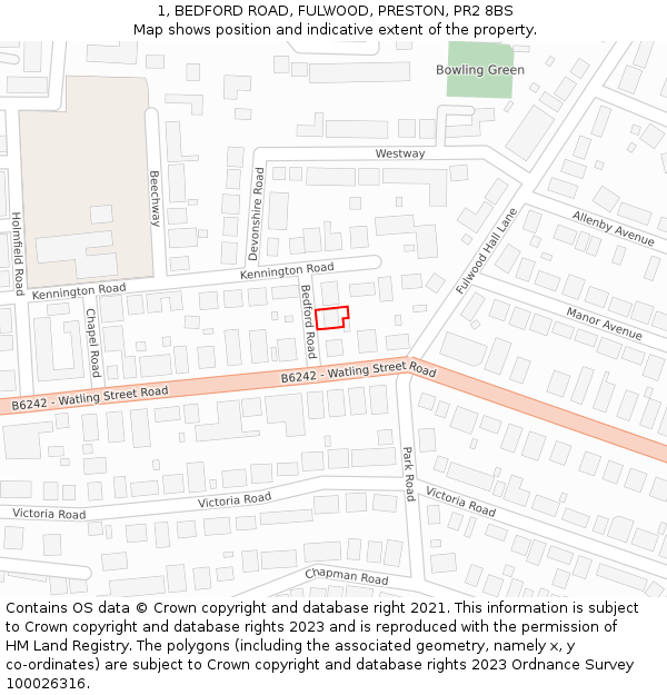 1, BEDFORD ROAD, FULWOOD, PRESTON, PR2 8BS: Location map and indicative extent of plot
