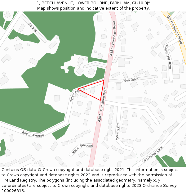 1, BEECH AVENUE, LOWER BOURNE, FARNHAM, GU10 3JY: Location map and indicative extent of plot