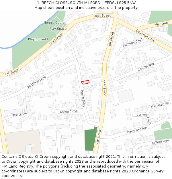 1, BEECH CLOSE, SOUTH MILFORD, LEEDS, LS25 5NW: Location map and indicative extent of plot