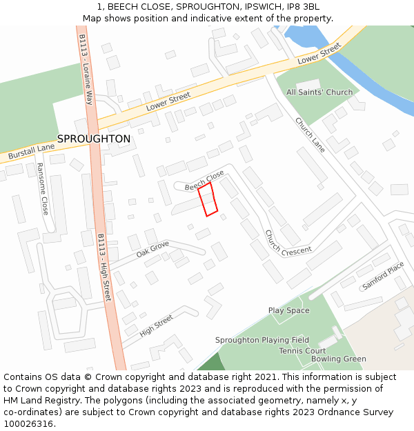 1, BEECH CLOSE, SPROUGHTON, IPSWICH, IP8 3BL: Location map and indicative extent of plot