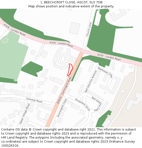 1, BEECHCROFT CLOSE, ASCOT, SL5 7DB: Location map and indicative extent of plot